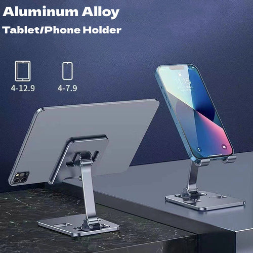 Plyzo adjustable aluminum phone and tablet stand holding a device at an angle on a desk